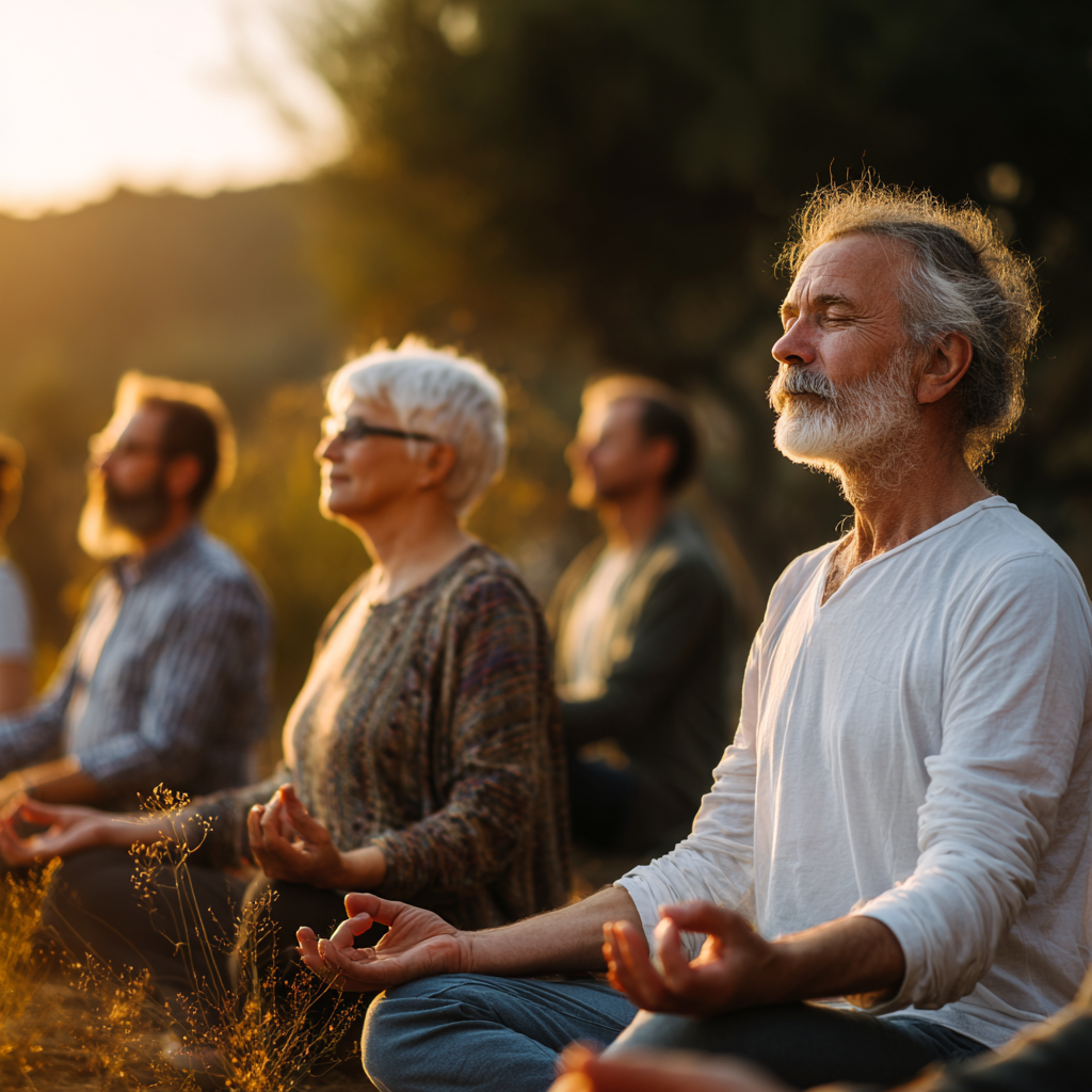 Smiling middle-aged Ukrainian woman practicing breathing exercises outdoors in a peaceful garden setting