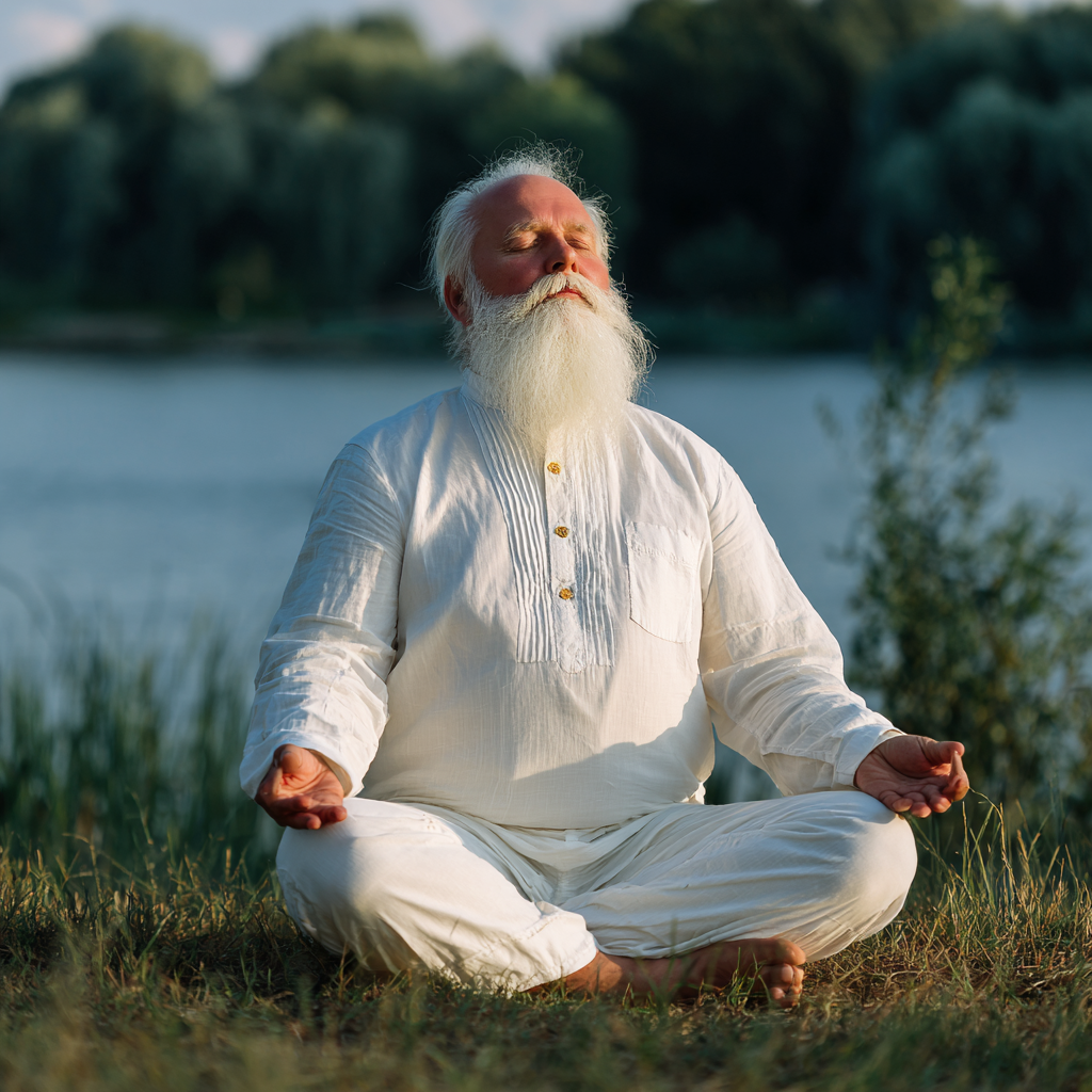 Peaceful Ukrainian elderly man and woman practicing breathing exercises together in a bright yoga studio