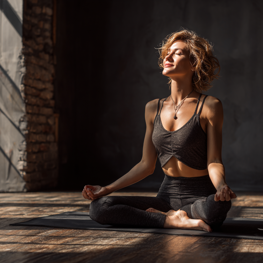 Diverse group of smiling Ukrainian adults of different ages practicing yoga breathing exercises in a serene outdoor setting